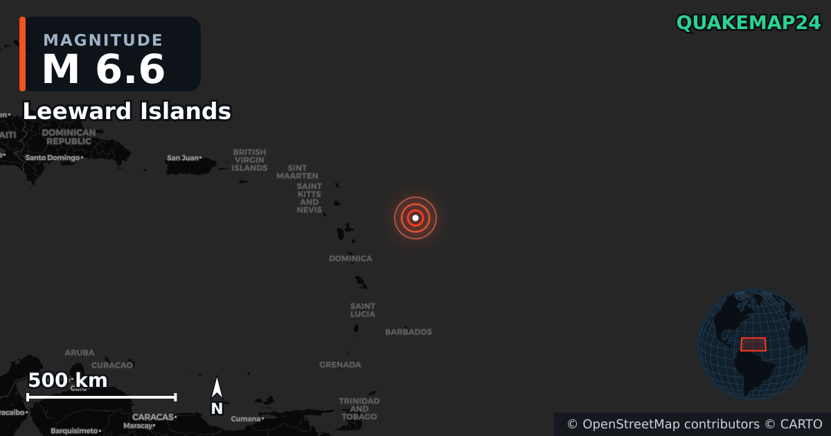 M6.6 Earthquake near Leeward Islands · 2025-10-27 — Map showing the location of the epicenter