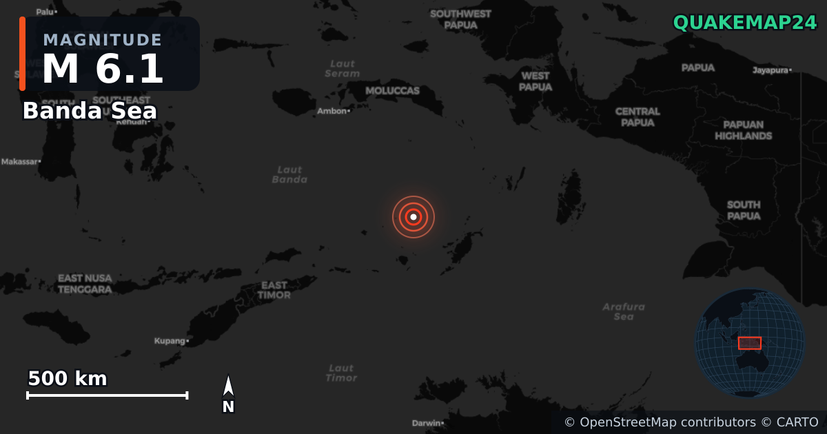 M6.1 earthquake near Banda Sea on Oct 28, 2025 — map of epicenter and shaking intensity | QuakeMap24