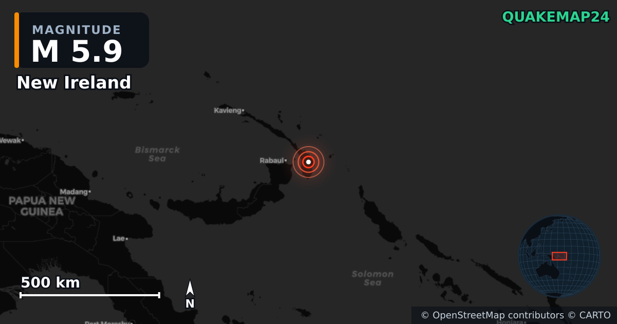M5.9 earthquake near New Ireland on Aug 7, 2025 — map of epicenter and shaking intensity | QuakeMap24