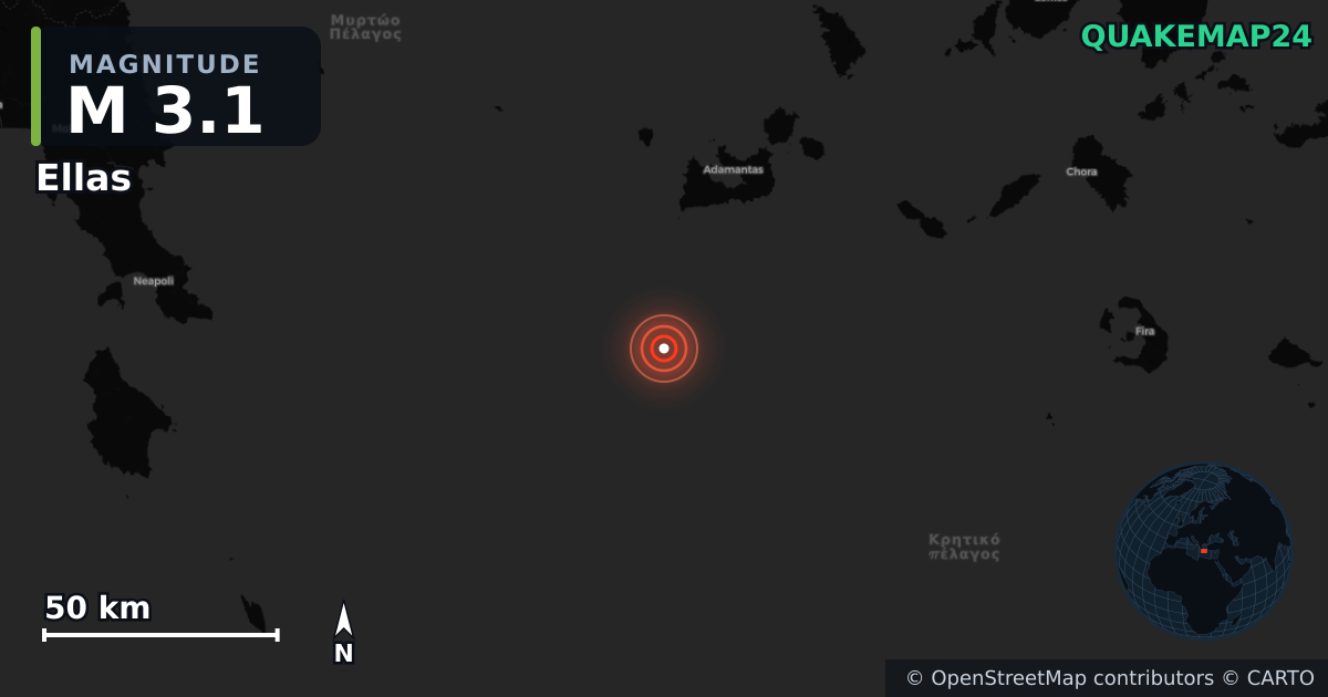 M3.1 earthquake near Ellas on Apr 9, 2026 — map of epicenter and shaking intensity | QuakeMap24