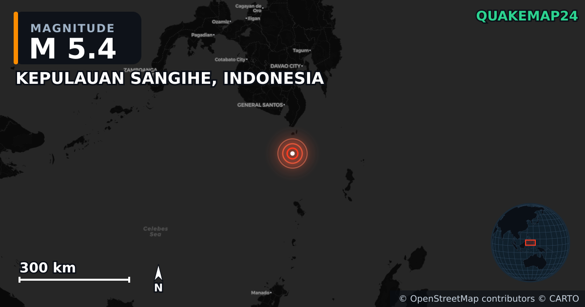 M5.4 earthquake near KEPULAUAN SANGIHE, INDONESIA on Jun 11, 2026 — map of epicenter and shaking intensity | QuakeMap24