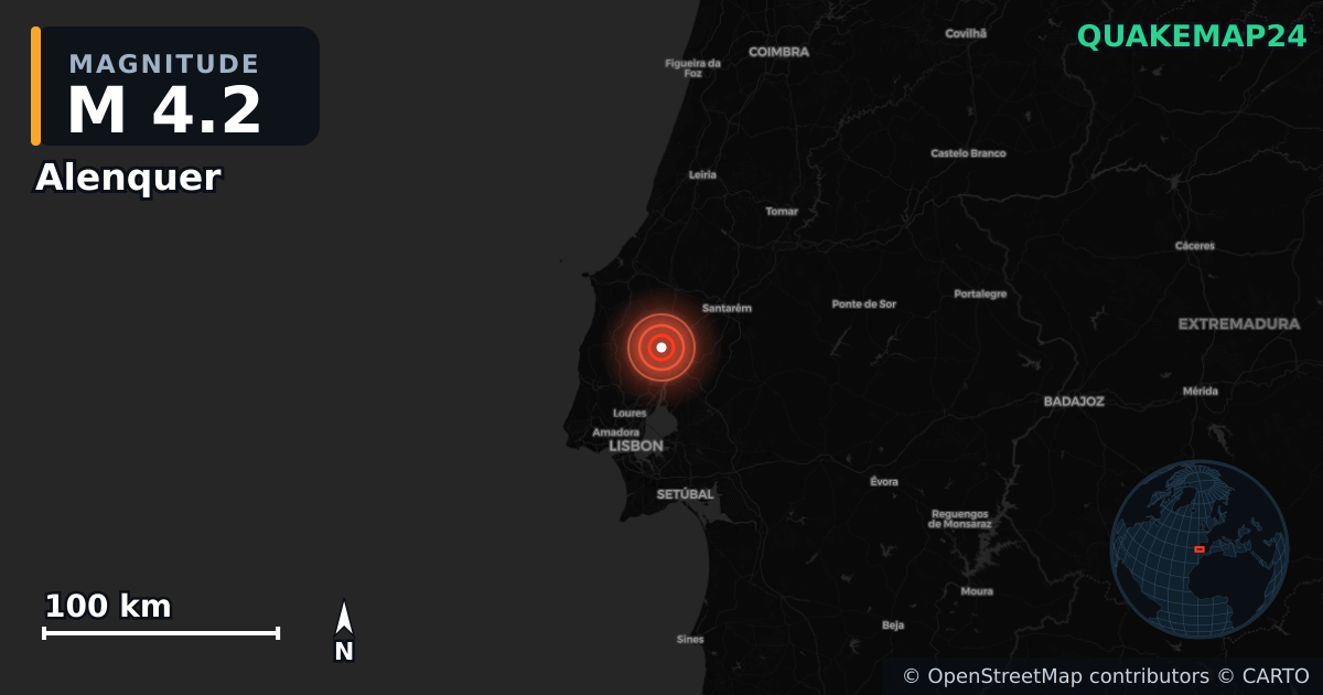 M4.2 earthquake near Alenquer on Feb 19, 2026 — map of epicenter and shaking intensity | QuakeMap24