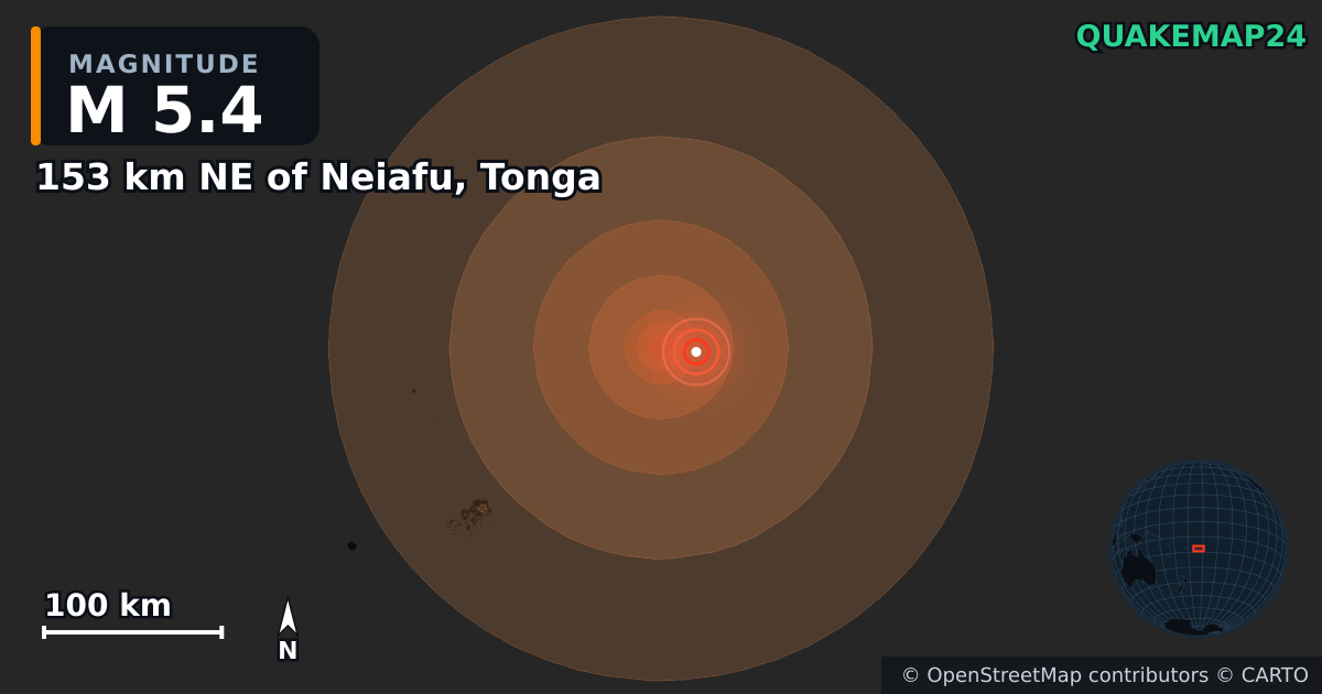 M5.4 Earthquake near 153 km NE of Neiafu, Tonga · 2026-07-29 — Map showing the location of the epicenter