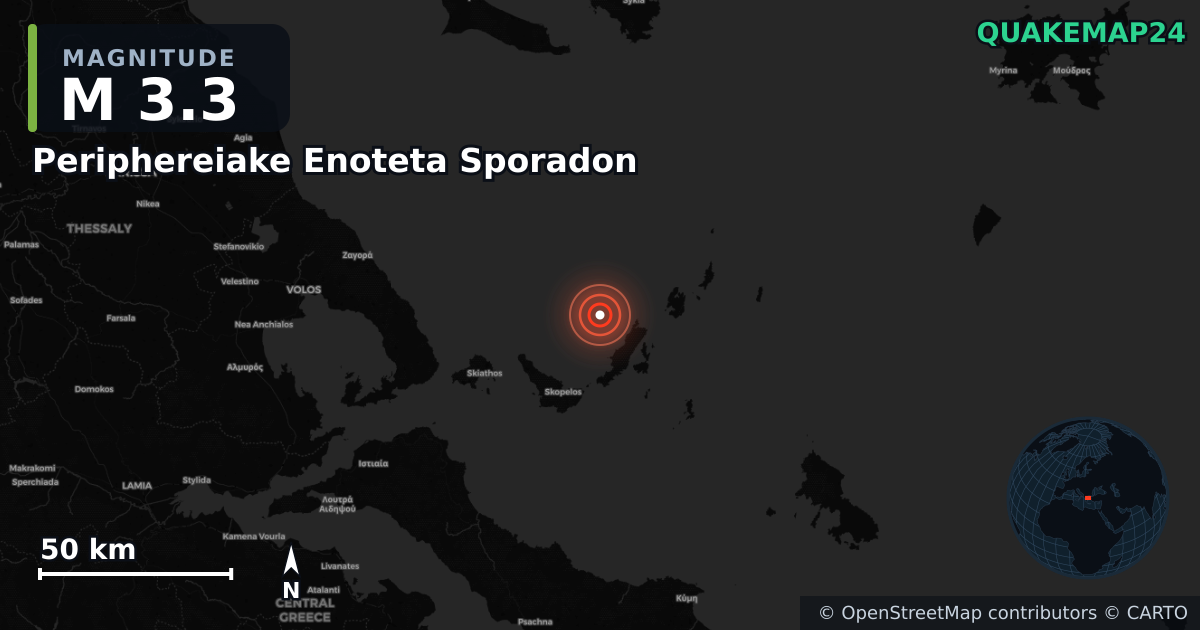 M3.3 earthquake near Periphereiake Enoteta Sporadon on Jan 27, 2026 — map of epicenter and shaking intensity | QuakeMap24