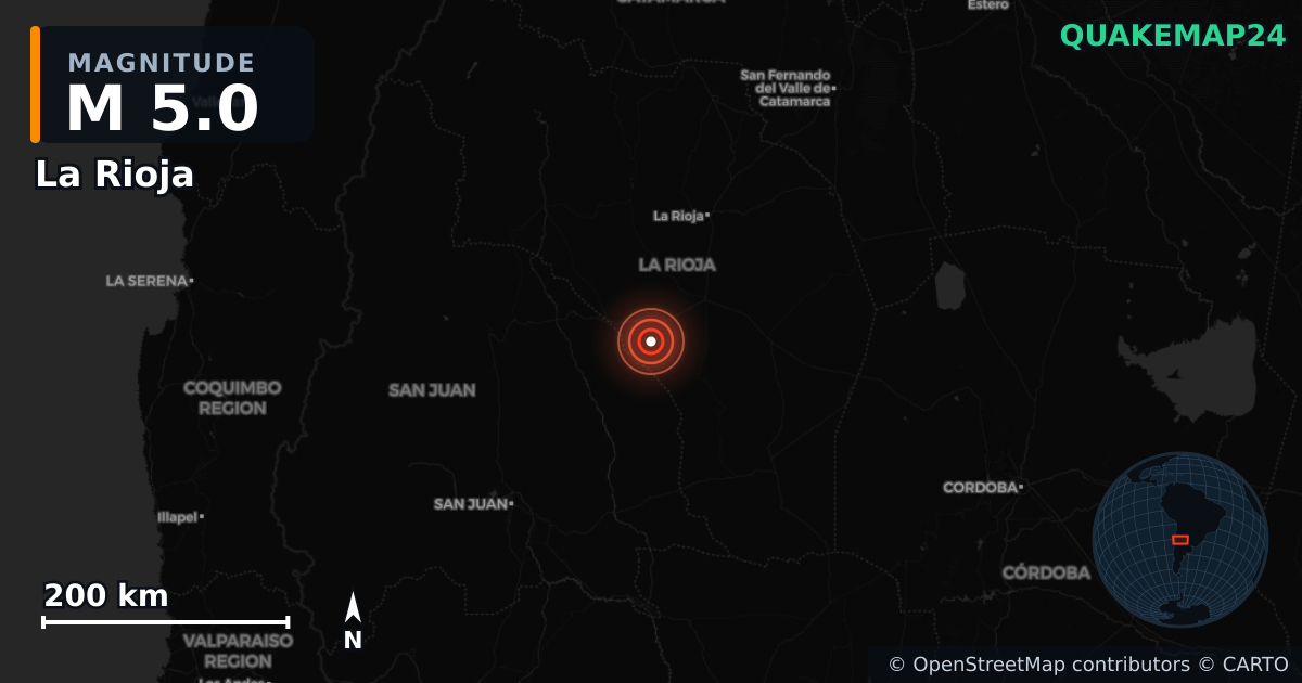M5.0 earthquake near La Rioja on Aug 22, 2025 — map of epicenter and shaking intensity | QuakeMap24