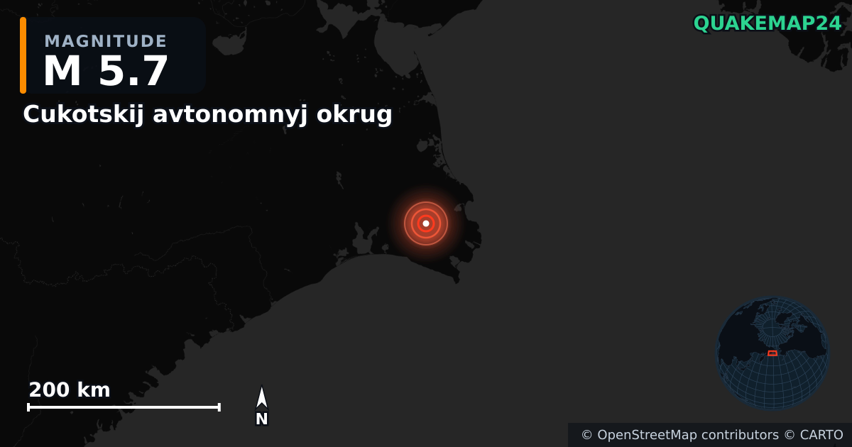 M5.7 earthquake near Cukotskij avtonomnyj okrug on May 11, 2025 — map of epicenter and shaking intensity | QuakeMap24