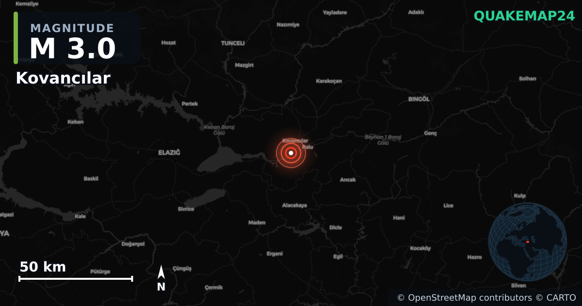 M3.0 earthquake near Kovancılar on Aug 18, 2025 — map of epicenter and shaking intensity | QuakeMap24