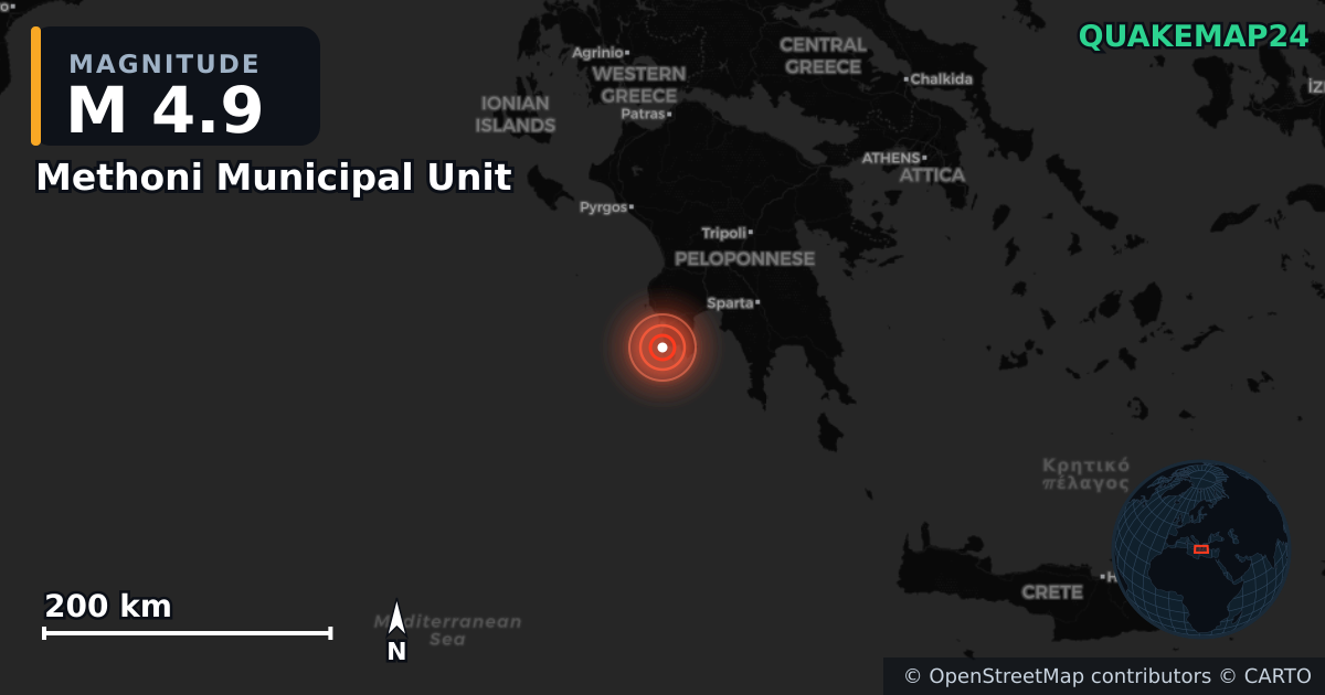 M4.9 earthquake near Methoni Municipal Unit on Jun 14, 2026 — map of epicenter and shaking intensity | QuakeMap24