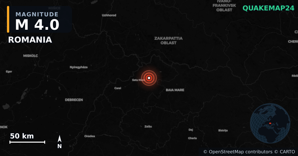 M4.0 earthquake near ROMANIA on Oct 15, 2025 — map of epicenter and shaking intensity | QuakeMap24