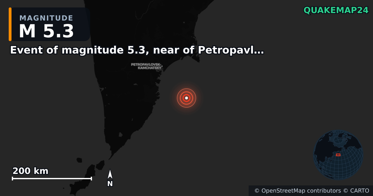 M5.3 earthquake near Event of magnitude 5.3, near of Petropavlovsk Kamchatskiy (Monde) on Aug 29, 2025 — map of epicenter and shaking intensity | QuakeMap24