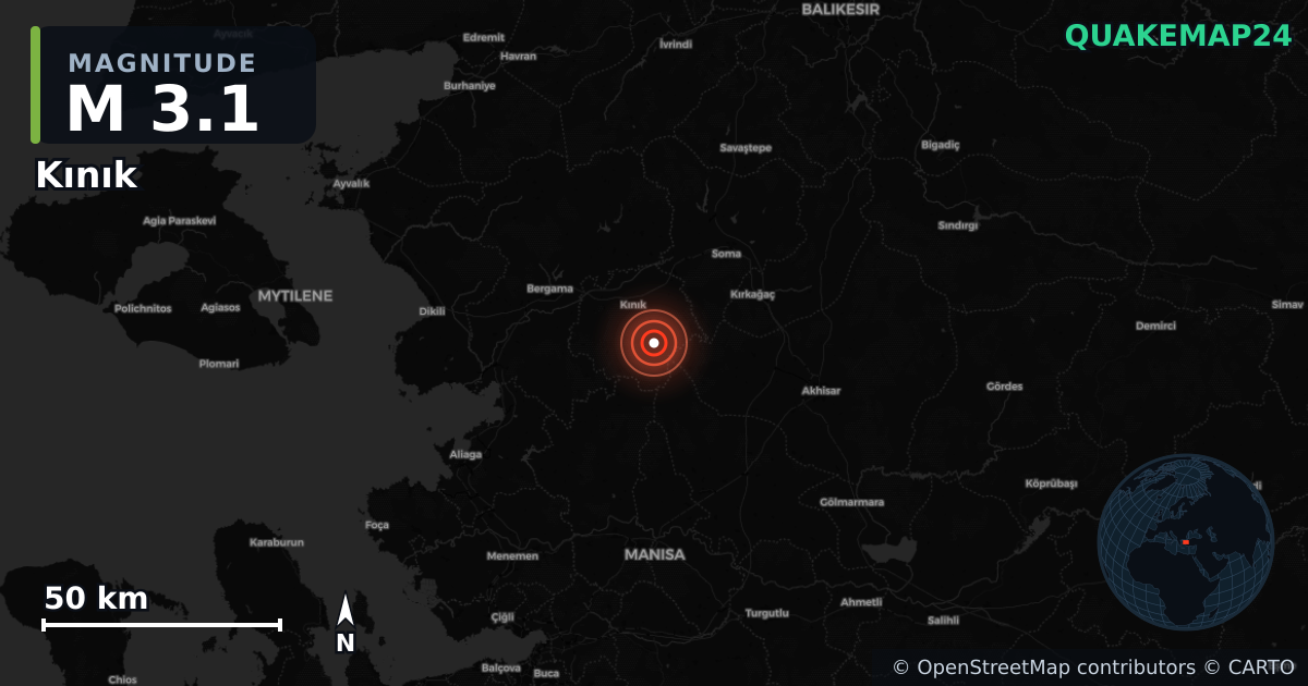 M3.1 earthquake near Kınık on Aug 16, 2025 — map of epicenter and shaking intensity | QuakeMap24
