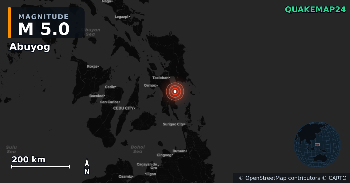 M5.0 earthquake near Abuyog on Jul 9, 2026 — map of epicenter and shaking intensity | QuakeMap24