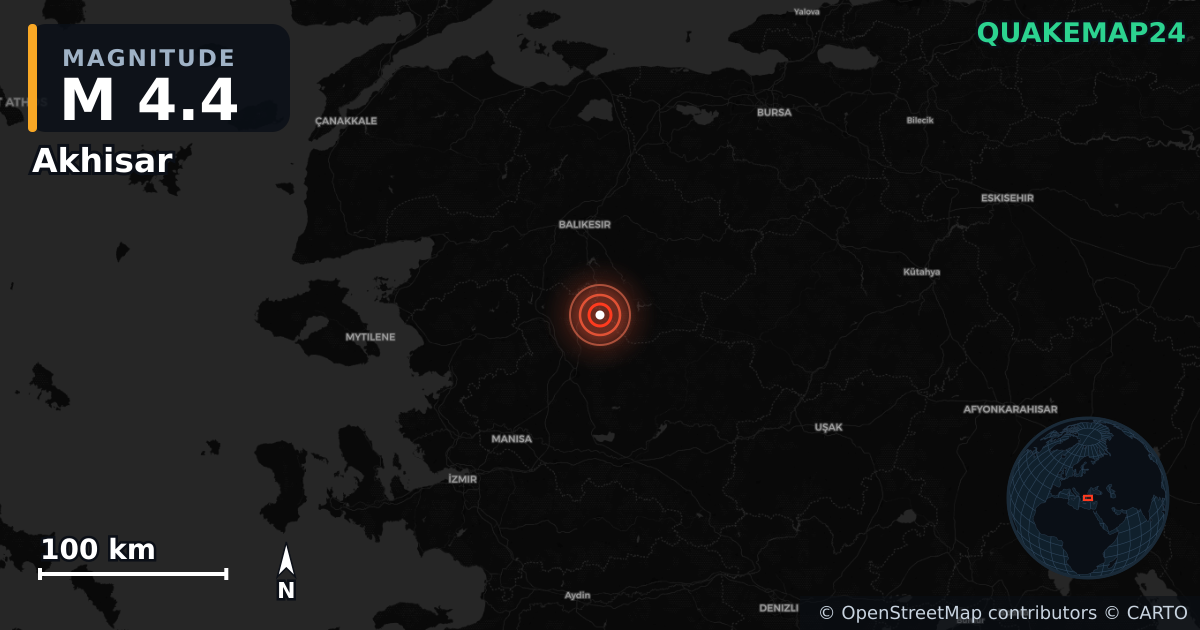 M4.4 earthquake near Akhisar on Nov 9, 2025 — map of epicenter and shaking intensity | QuakeMap24