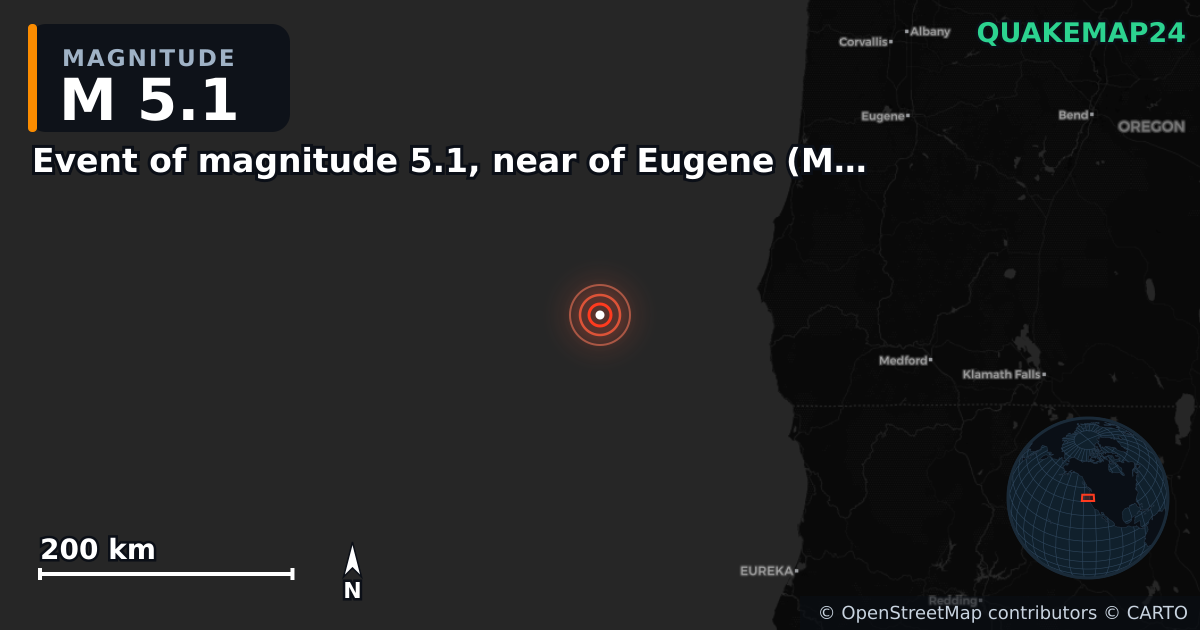 M5.1 earthquake near Event of magnitude 5.1, near of Eugene (Monde) on Sep 9, 2025 — map of epicenter and shaking intensity | QuakeMap24