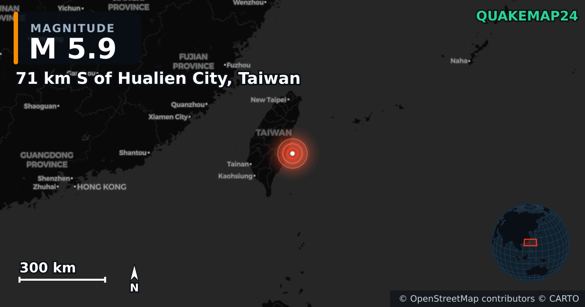 M5.9 earthquake near 71 km S of Hualien City, Taiwan on Jun 11, 2025 — map of epicenter and shaking intensity | QuakeMap24
