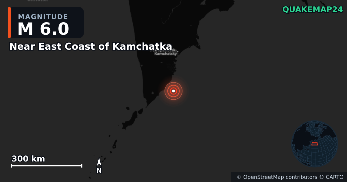 M6.0 earthquake near Near East Coast of Kamchatka on Jul 30, 2025 — map of epicenter and shaking intensity | QuakeMap24