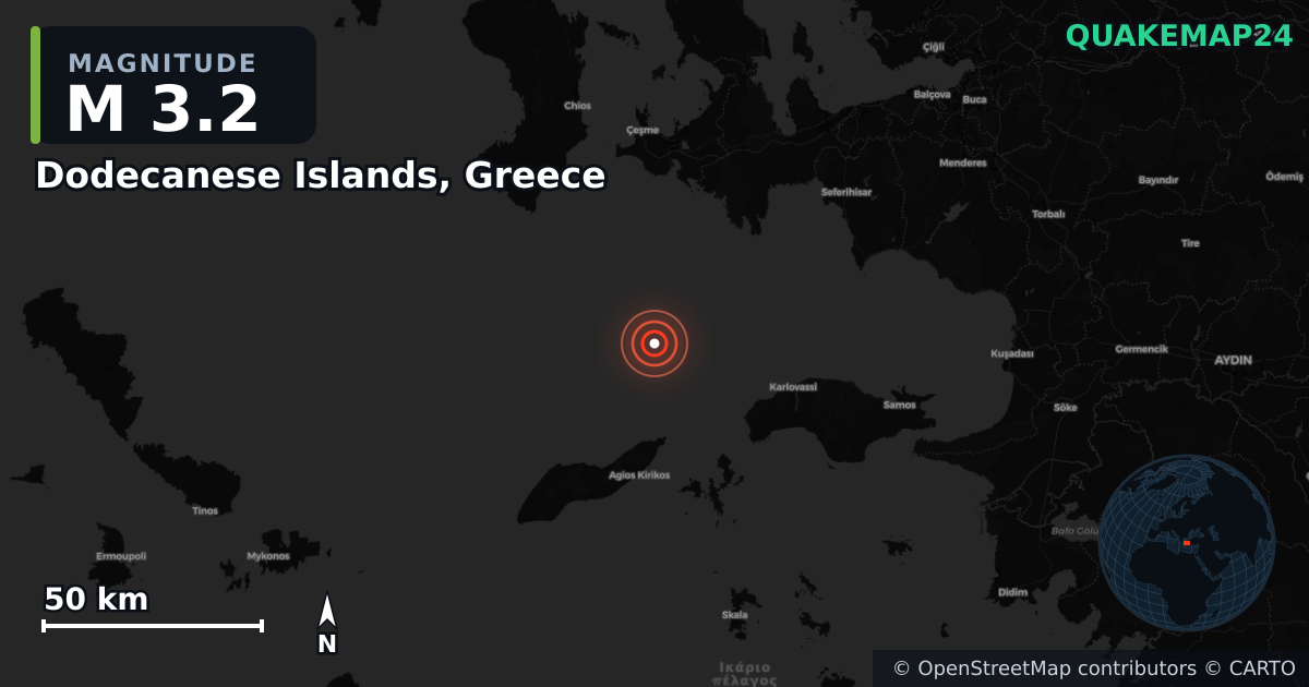 M3.2 earthquake near Dodecanese Islands, Greece on Sep 26, 2025 — map of epicenter and shaking intensity | QuakeMap24