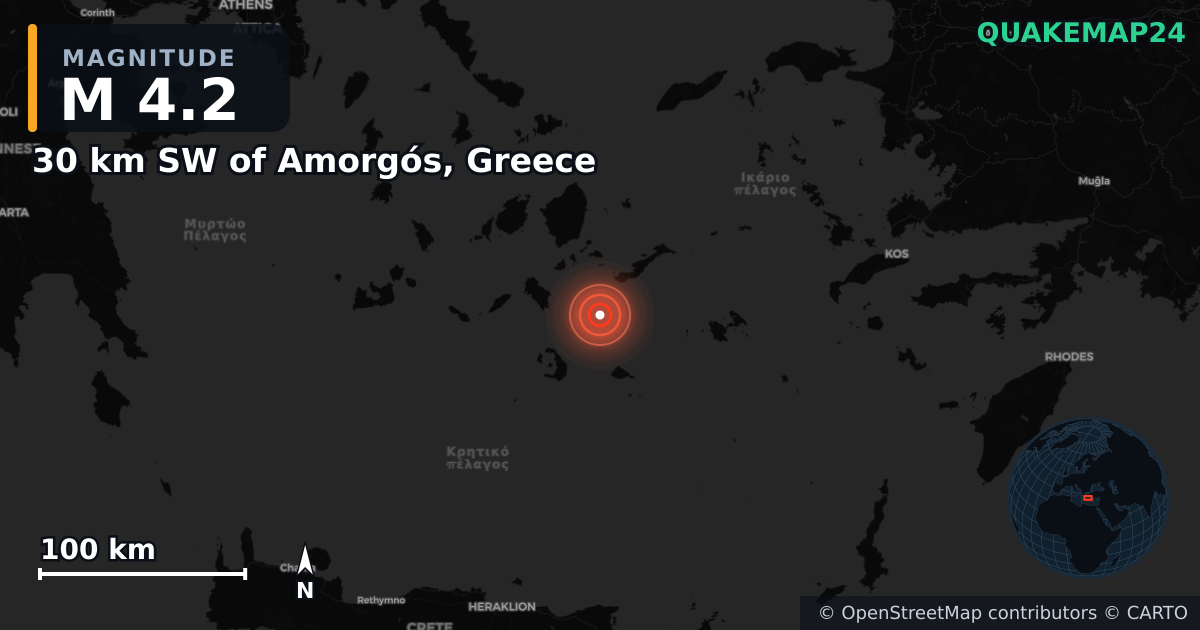 M4.2 earthquake near 30 km SW of Amorgós, Greece on Feb 11, 2025 — map of epicenter and shaking intensity | QuakeMap24