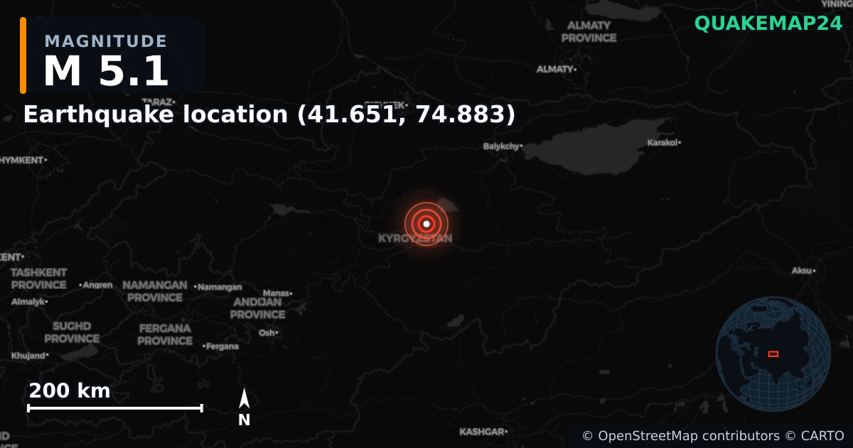 M5.1 earthquake near Erdbeben-Standort (41.651, 74.883) on May 12, 2025 — map of epicenter and shaking intensity | QuakeMap24