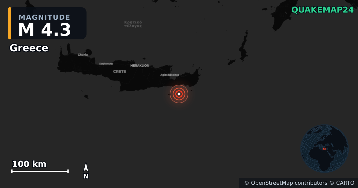 M4.3 earthquake near Greece on Jul 18, 2026 — map of epicenter and shaking intensity | QuakeMap24