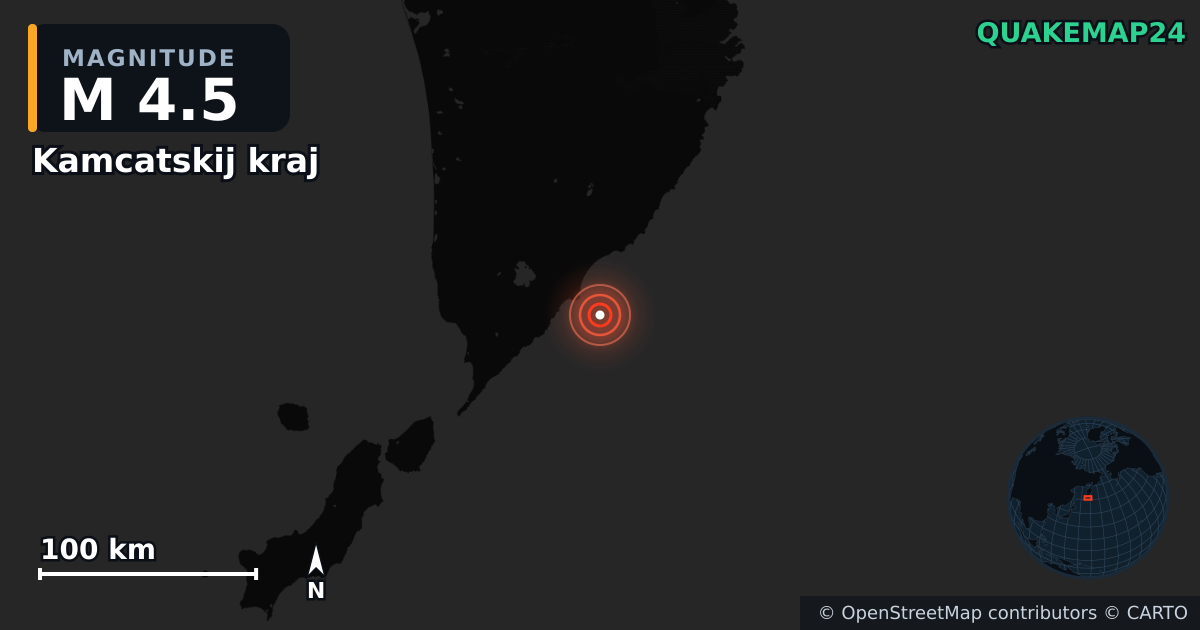 M4.5 earthquake near Kamcatskij kraj on Aug 14, 2025 — map of epicenter and shaking intensity | QuakeMap24
