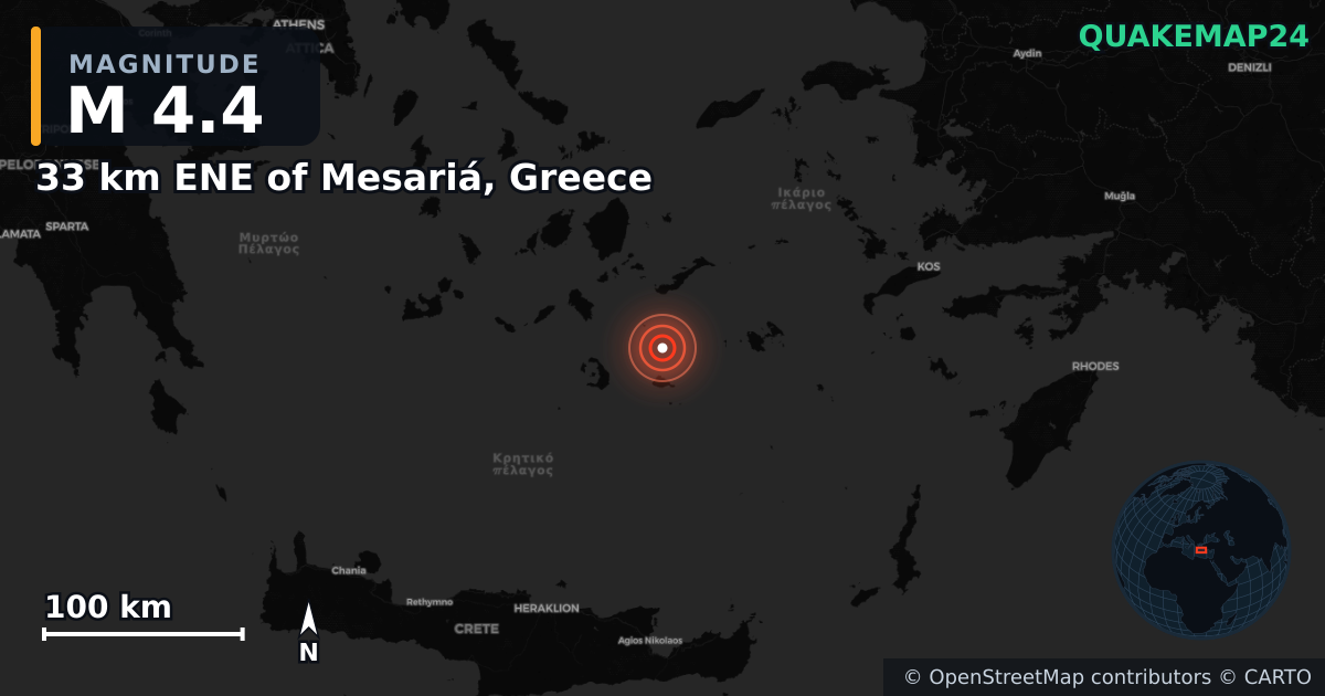 M4.4 earthquake near 33 km ENE of Mesariá, Greece on Feb 3, 2025 — map of epicenter and shaking intensity | QuakeMap24