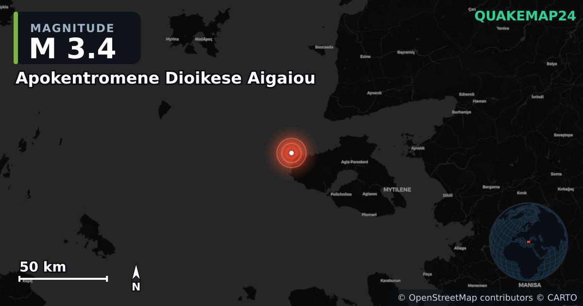 M3.4 earthquake near Apokentromene Dioikese Aigaiou on Oct 13, 2025 — map of epicenter and shaking intensity | QuakeMap24
