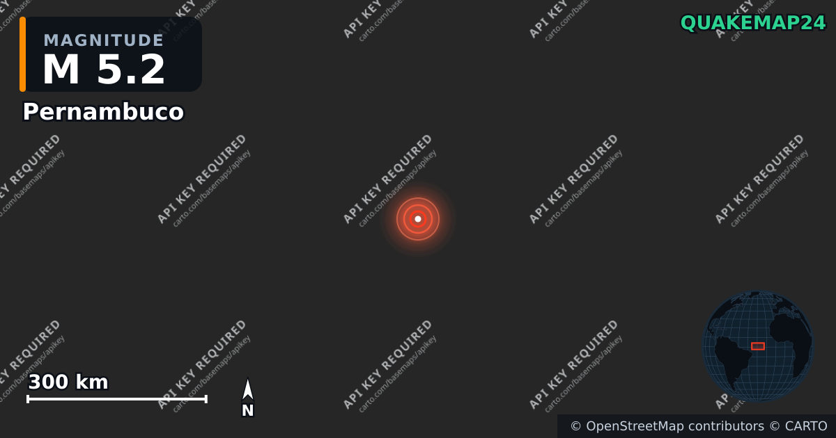 M5.2 earthquake near Pernambuco on May 29, 2026 — map of epicenter and shaking intensity | QuakeMap24