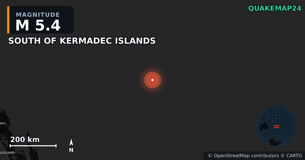 M5.4 earthquake near SOUTH OF KERMADEC ISLANDS on Oct 15, 2025 — map of epicenter and shaking intensity | QuakeMap24