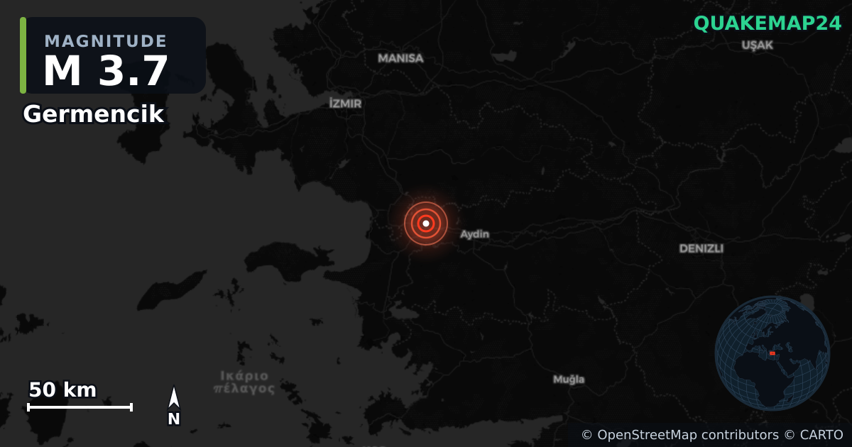 M3.7 earthquake near Germencik on May 19, 2025 — map of epicenter and shaking intensity | QuakeMap24