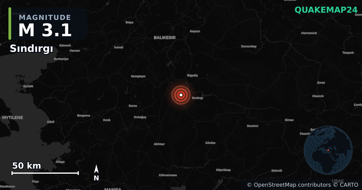 M3.1 earthquake near Sındırgı on Oct 28, 2025 — map of epicenter and shaking intensity | QuakeMap24