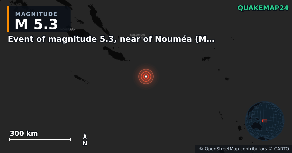 M5.3 earthquake near Event of magnitude 5.3, near of Nouméa (Monde) on Dec 16, 2025 — map of epicenter and shaking intensity | QuakeMap24