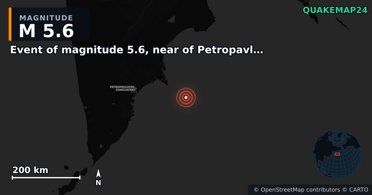 M5.6 earthquake near Event of magnitude 5.6, near of Petropavlovsk Kamchatskiy (Monde) on Sep 18, 2025 — map of epicenter and shaking intensity | QuakeMap24