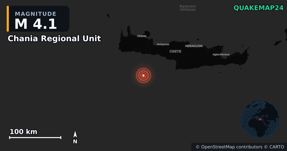 M4.1 earthquake near Chania Regional Unit on Apr 12, 2026 — map of epicenter and shaking intensity | QuakeMap24