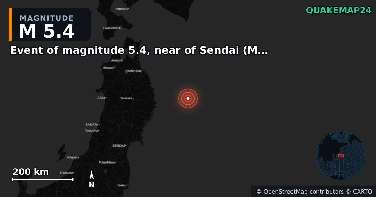 M5.4 earthquake near Event of magnitude 5.4, near of Sendai (Monde) on Nov 9, 2025 — map of epicenter and shaking intensity | QuakeMap24