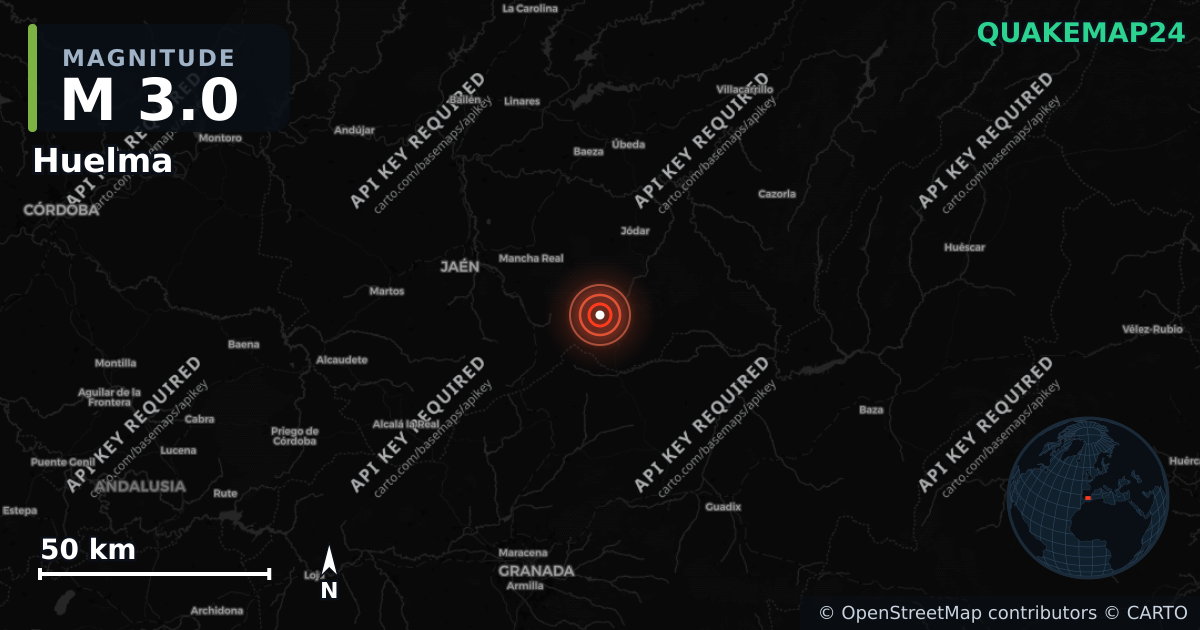 M3.0 earthquake near Huelma on Aug 29, 2026 — map of epicenter and shaking intensity | QuakeMap24
