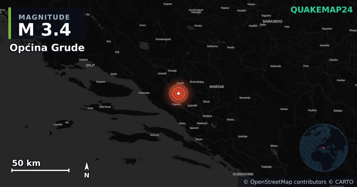 M3.4 earthquake near Općina Grude on Feb 23, 2026 — map of epicenter and shaking intensity | QuakeMap24