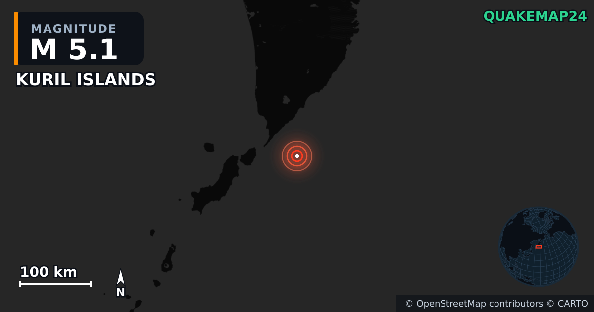 M5.1 earthquake near KURIL ISLANDS on May 1, 2026 — map of epicenter and shaking intensity | QuakeMap24