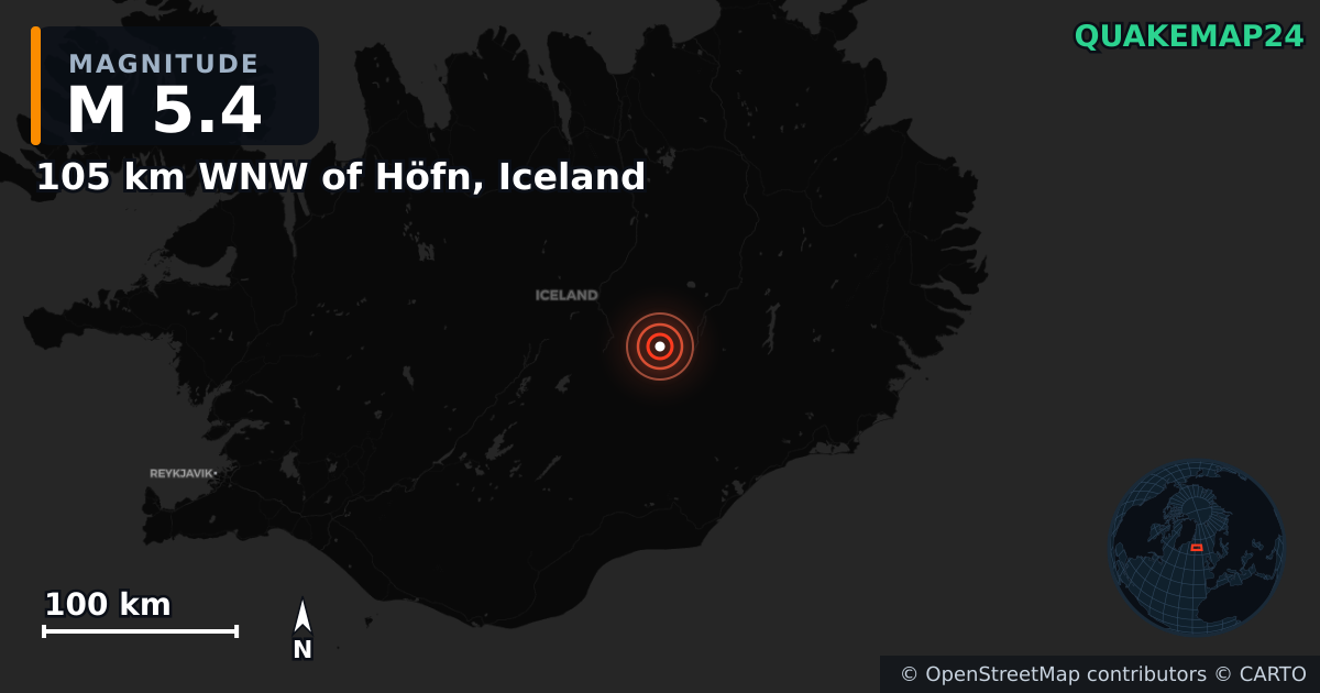 M5.4 earthquake near 105 km WNW of Höfn, Iceland on Oct 29, 2025 — map of epicenter and shaking intensity | QuakeMap24