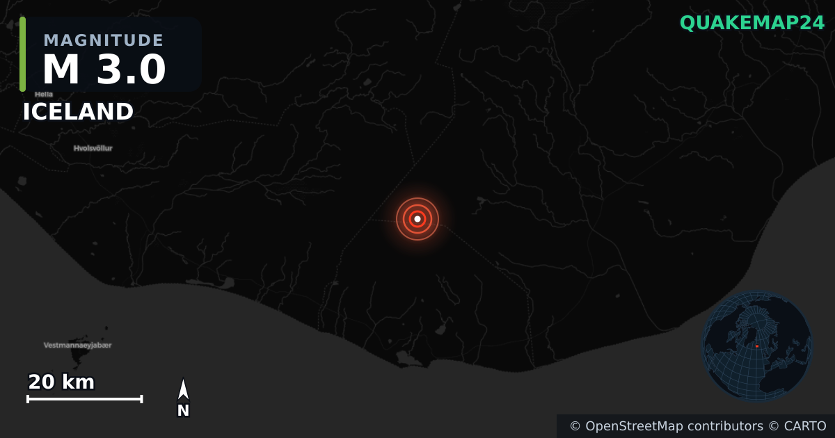 M3.0 earthquake near ICELAND on Jun 30, 2025 — map of epicenter and shaking intensity | QuakeMap24