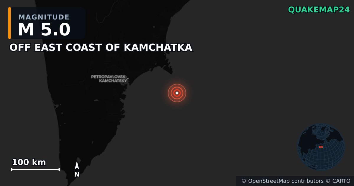 M5.0 earthquake near OFF EAST COAST OF KAMCHATKA on Sep 23, 2025 — map of epicenter and shaking intensity | QuakeMap24