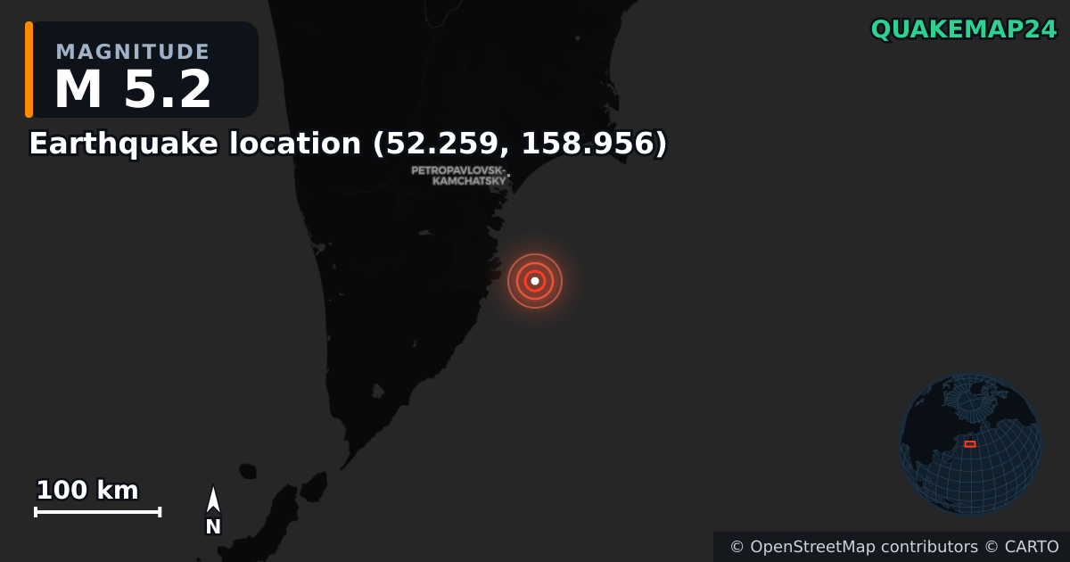 M5.2 earthquake near Deprem konumu (52.259, 158.956) on Aug 1, 2025 — map of epicenter and shaking intensity | QuakeMap24