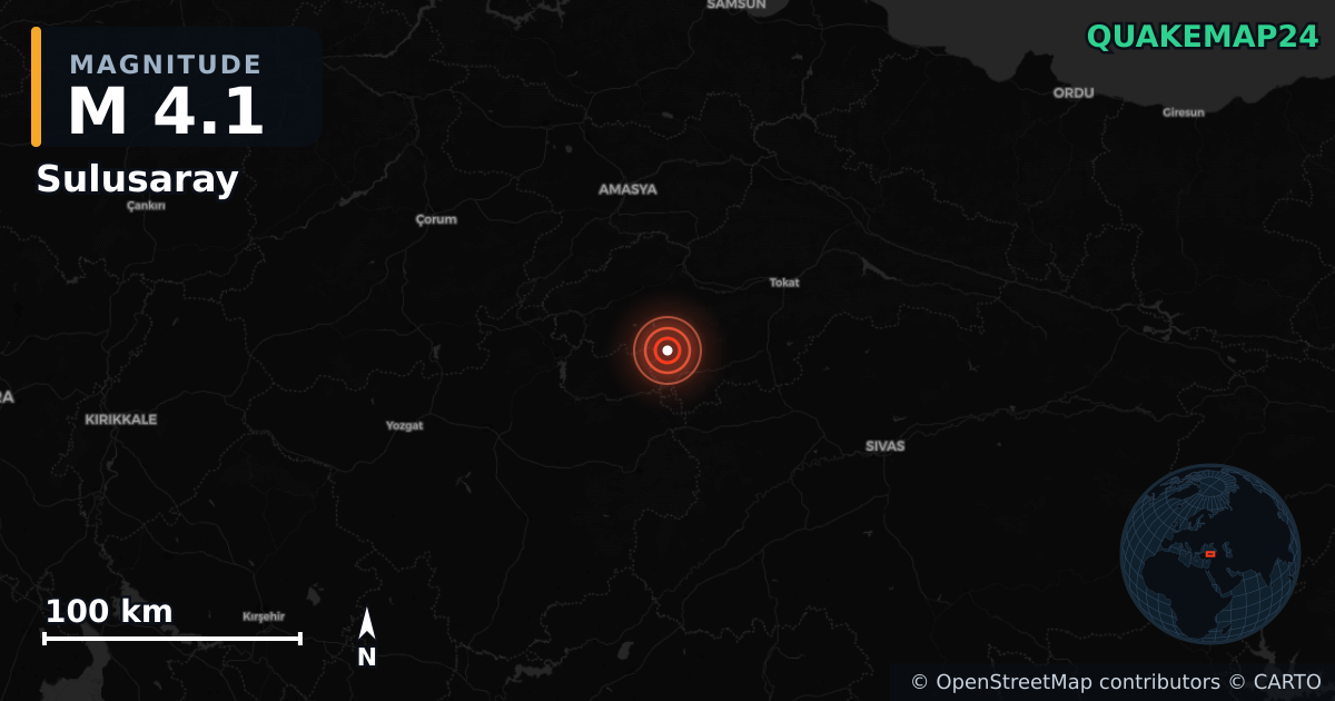M4.1 earthquake near Sulusaray on Aug 20, 2025 — map of epicenter and shaking intensity | QuakeMap24