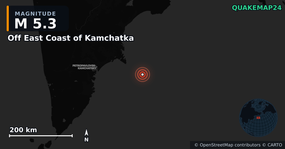M5.3 earthquake near Off East Coast of Kamchatka on Jul 30, 2025 — map of epicenter and shaking intensity | QuakeMap24