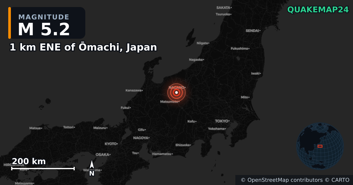 M5.2 earthquake near 1 km ENE of Ōmachi, Japan on Apr 18, 2025 — map of epicenter and shaking intensity | QuakeMap24