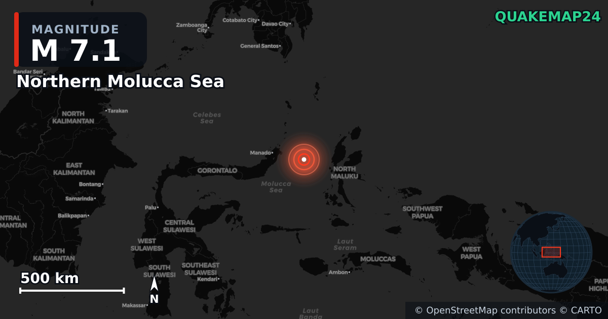 M7.1 earthquake near Northern Molucca Sea on Apr 1, 2026 — map of epicenter and shaking intensity | QuakeMap24