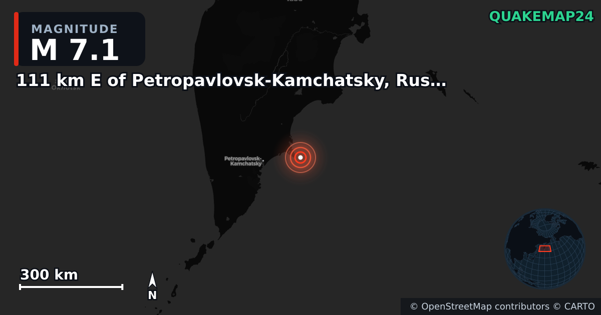 M7.1 earthquake near 111 km E of Petropavlovsk-Kamchatsky, Russia on Sep 13, 2025 — map of epicenter and shaking intensity | QuakeMap24