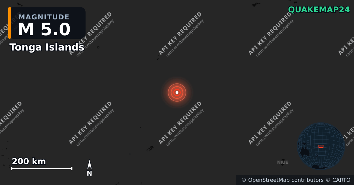 M5.0 earthquake near Tonga Islands on Apr 3, 2026 — map of epicenter and shaking intensity | QuakeMap24
