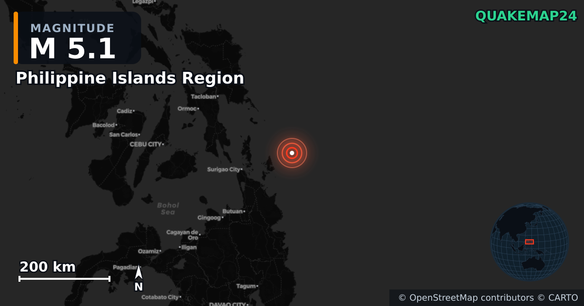 M5.1 Earthquake near Philippine Islands Region · 2025-10-07 — Map showing the location of the epicenter