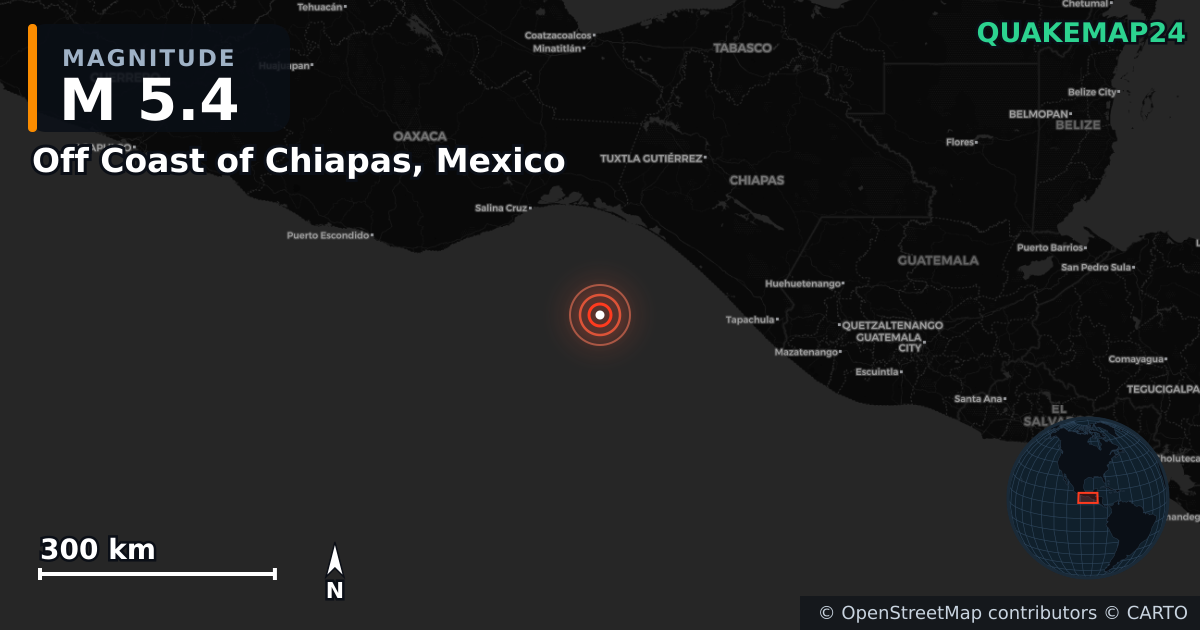 M5.4 earthquake near Off Coast of Chiapas, Mexico on Jun 18, 2025 — map of epicenter and shaking intensity | QuakeMap24
